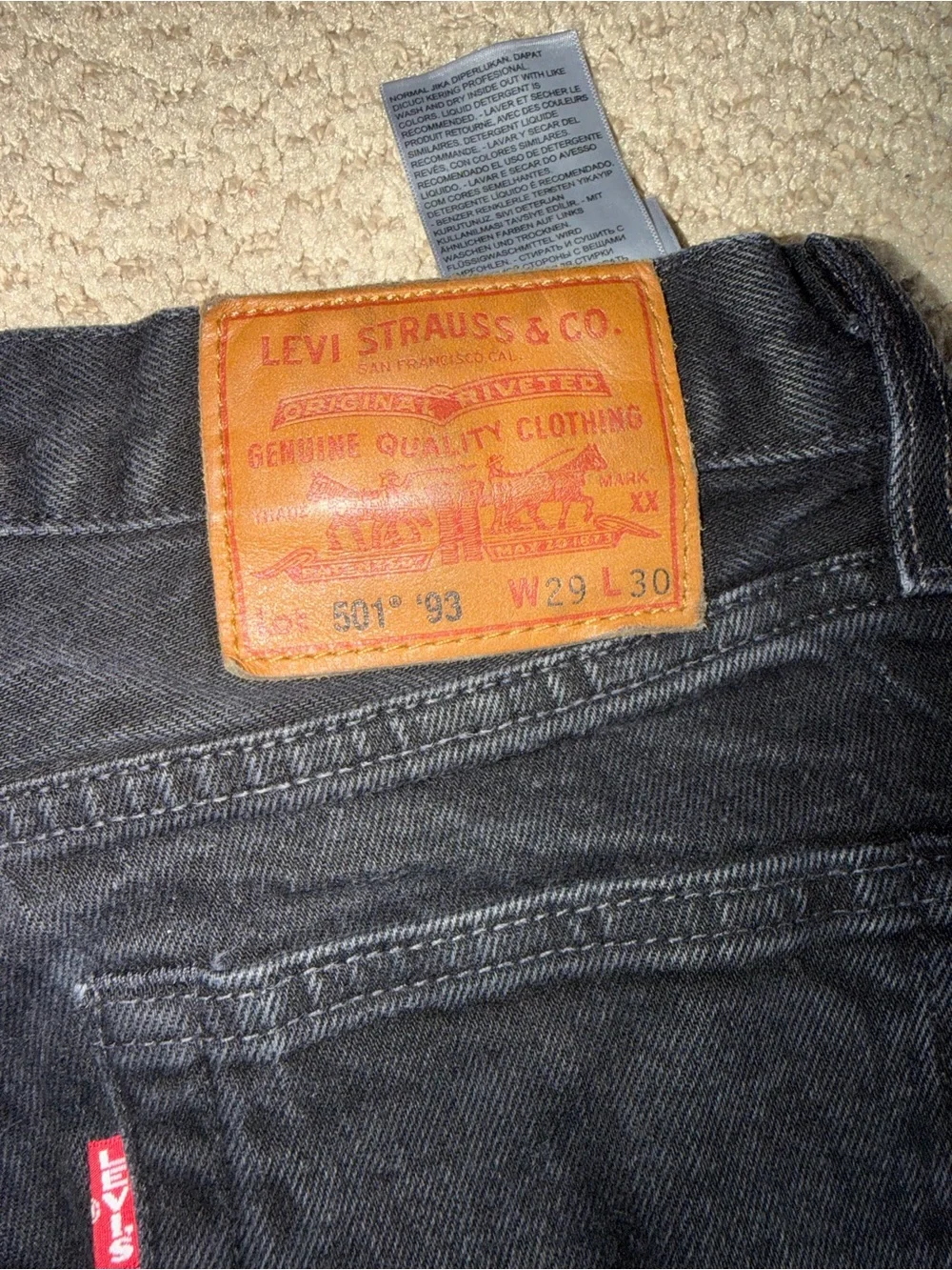 Levi's Black Slim Straight 501 Jeans with Tan Leather Patch